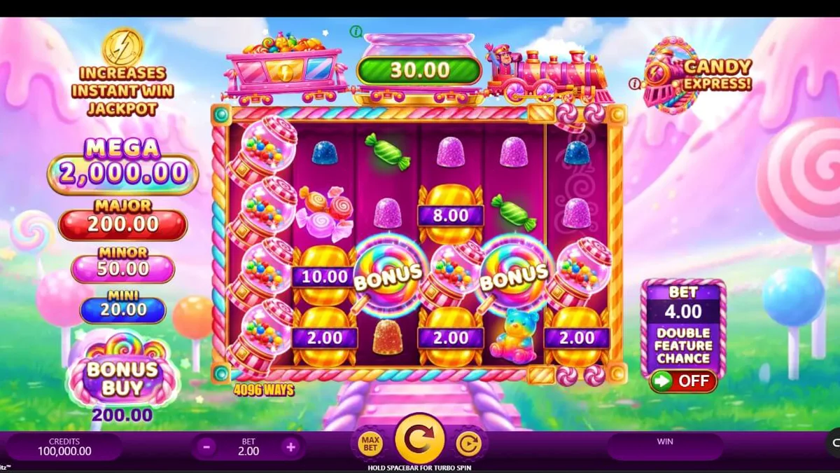 Isang makulay at masayang eksena mula sa Candy Express Gold Blitz slot na nagpapakita ng tren sa isang mundo ng kendi.