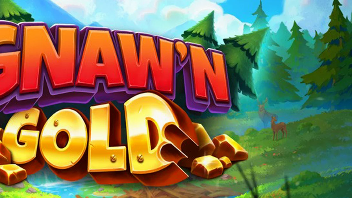Isang masayang tanawin ng kagubatan na may mga beaver at mga simbolo ng laro sa Gnaw’n Gold.