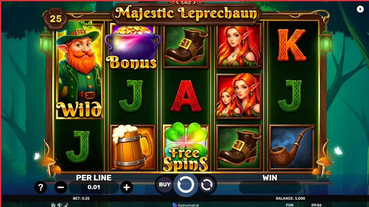 Majestic Leprechaun slot game interface na may temang Irish folklore