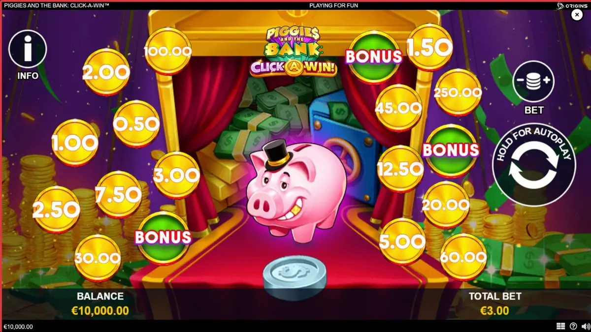 Piggies and the Bank: Click-A-Win slot interface na may mga gintong barya at piggy bank.